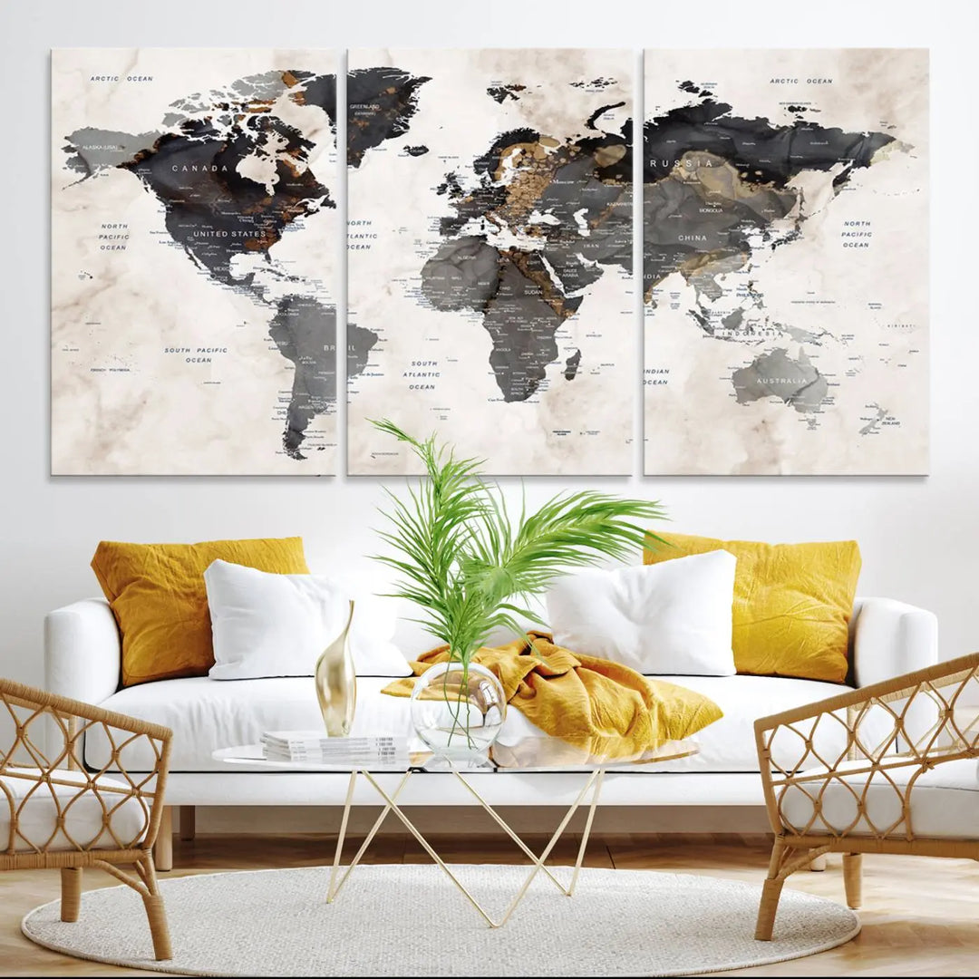 The dining room wall is adorned with the World Map Canvas Print – Earthy Triptych Wall Art, a vintage global map decor featuring dark continents.