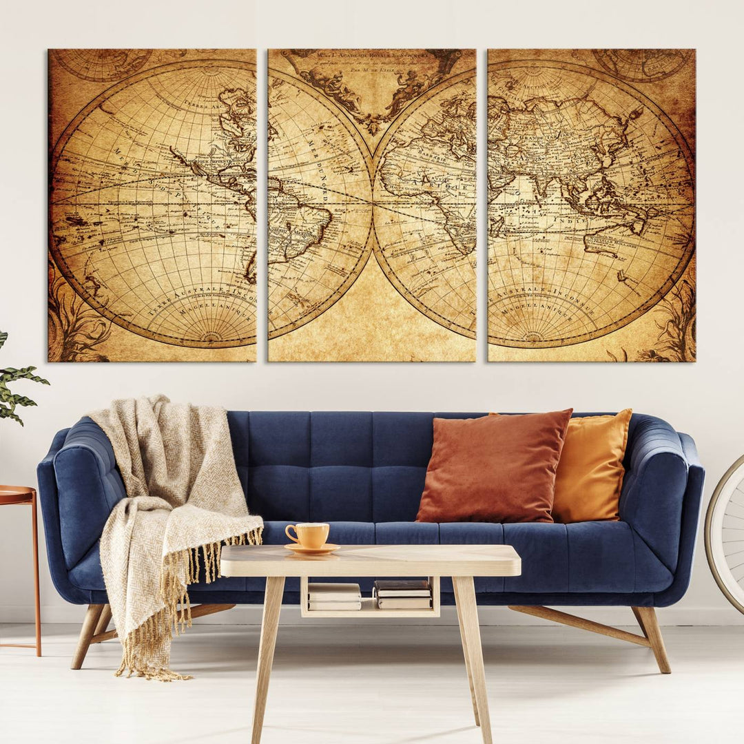 Vintage World Map Wall Art | 3-Panel Canvas Print for Living Room, Office, or Study | Giclee Canvas with Antique Design