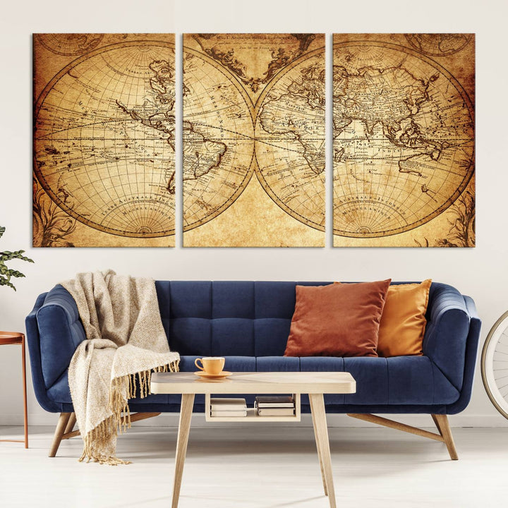 91276 - Industrial detallado Push Pin Travel Map World -3 Panel Set, Push Pin Map World, Mapa de lienzo, Arte de pared grande, Arte industrial, Arte de mapa mundial