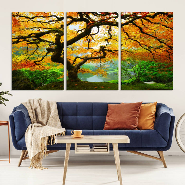 Portland Japanese Maple Tree Canvas Wall Art – Nature Landscape Print – Framed and Ready to Hang for Living Room or Office Decor