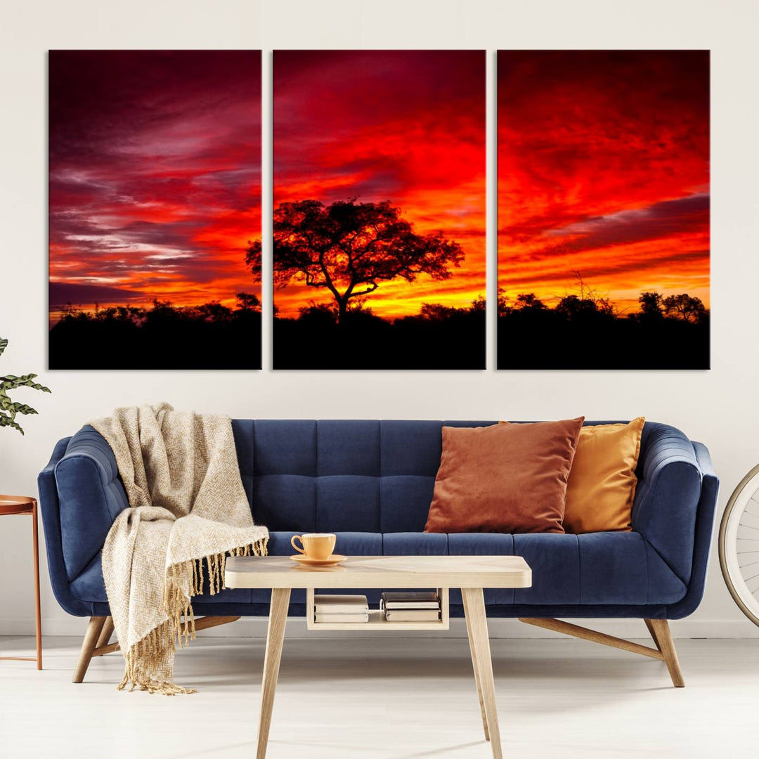 Red Sunset Landscape Artwork Printing, Forest Tree Wall Art Canvas Print