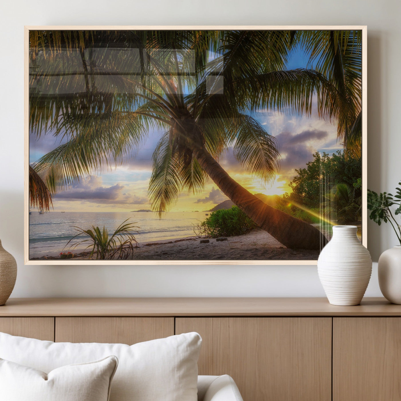 MGV-FP-60X30-3P - Tropical Island Sunset on the Beach Palms Wall Art Canvas Print