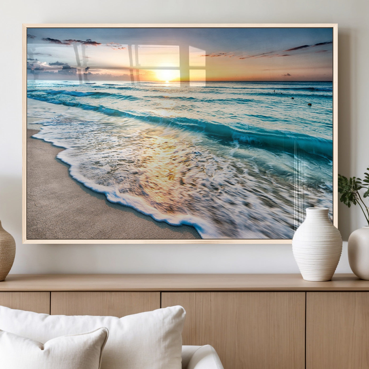 MGV-FP-60X30-3P - Sunset Beach Waves Canvas Wall Art – 5-Panel Ocean Sunset Print – Coastal Decor for Living Room or