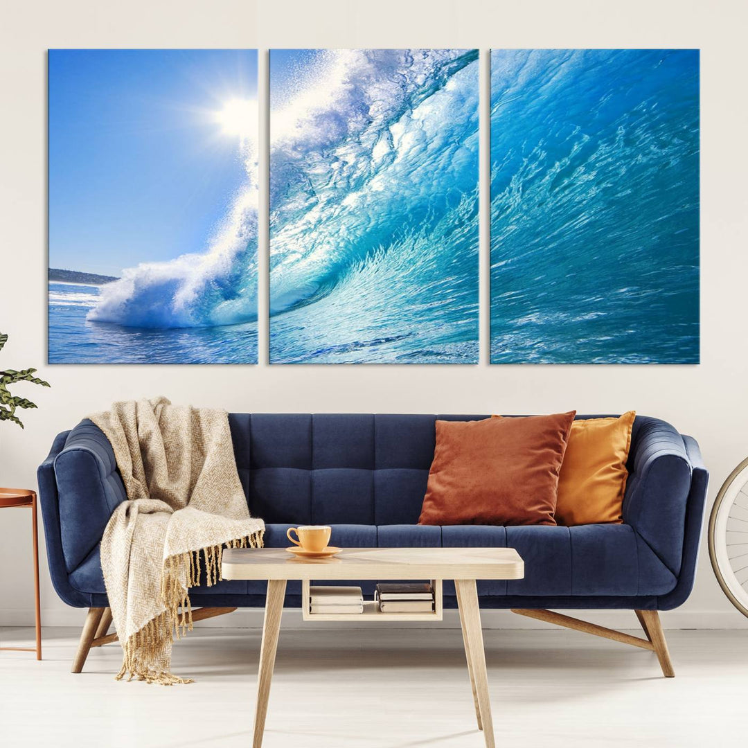 Blue Big Wave Surf Ocean Canvas Wall Art Artwork Print, Art mural de plage, Art de mur de mer