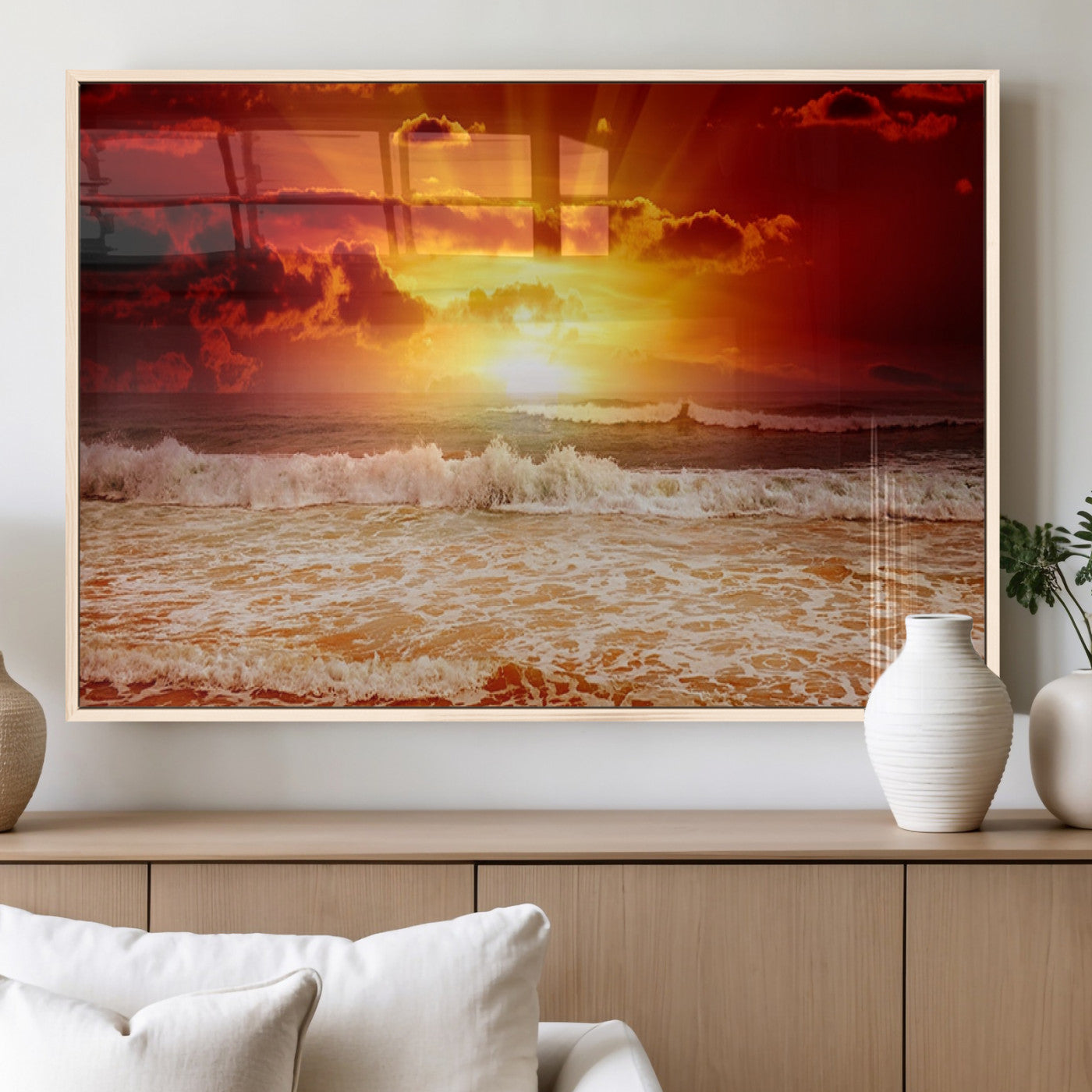 MGV-FP-36X24-3P - Red Sunset Ocean Beach Canvas Wall Art Beach Canvas, Coastal Sunset Print