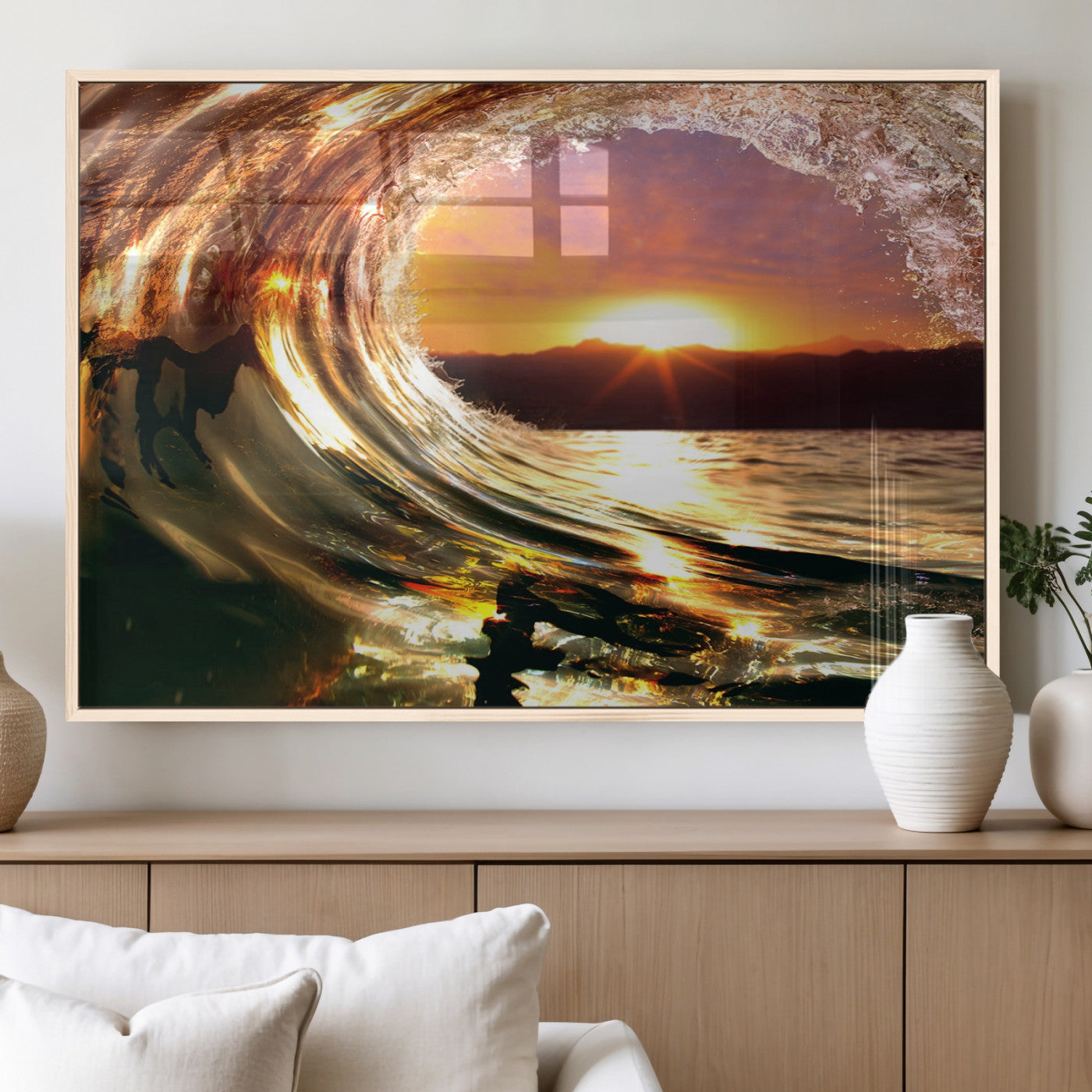 MGV-FP-36X24-3P - Golden Wave Sunset Triptych Canvas Art, Giclee Canvas Print of Ocean Wave and Sunset, Framed Ocean