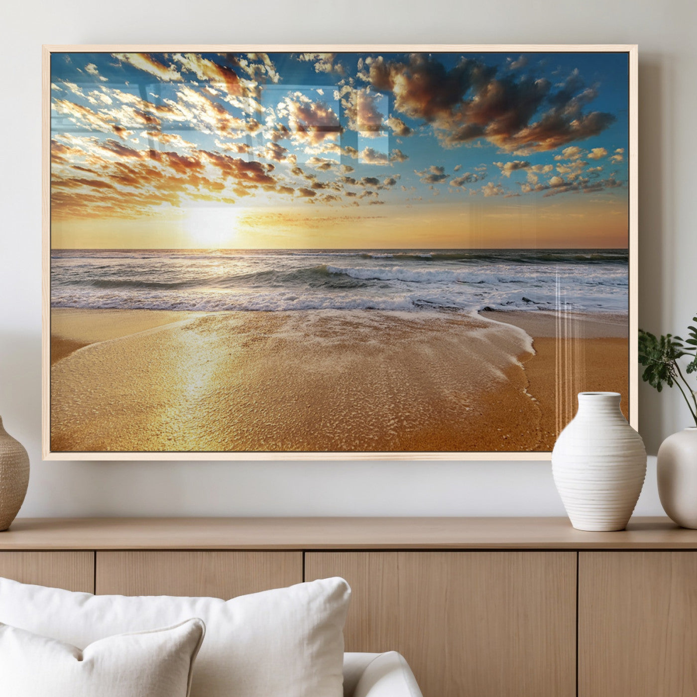 MGV-FP-36X24-3P - Golden Sunset Beach Print Canvas Wall Art, Giclee Canvas Print with Canon Print Quality, Triptych