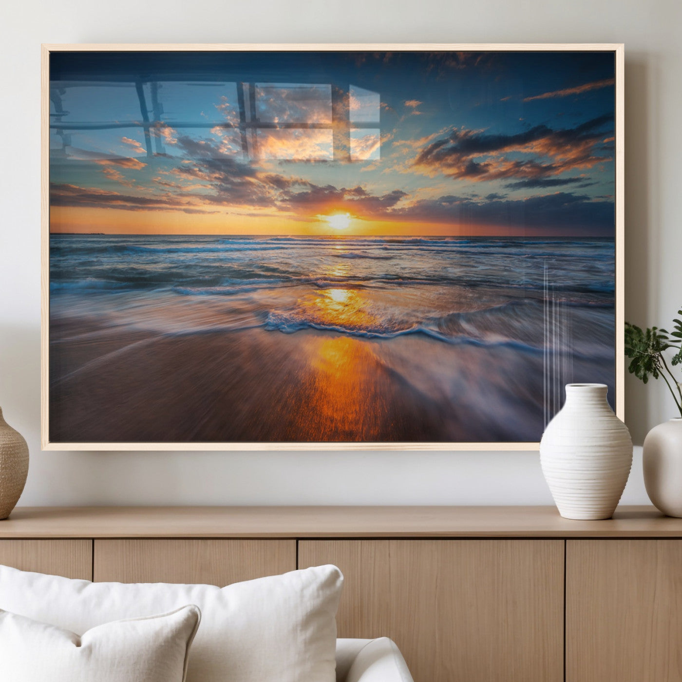 MGV-FP-36X24-3P - Sunset on the Ocean Beach with Waves, Reflections on Sand, Coastal Wall Art Print, Beach Wall Art,