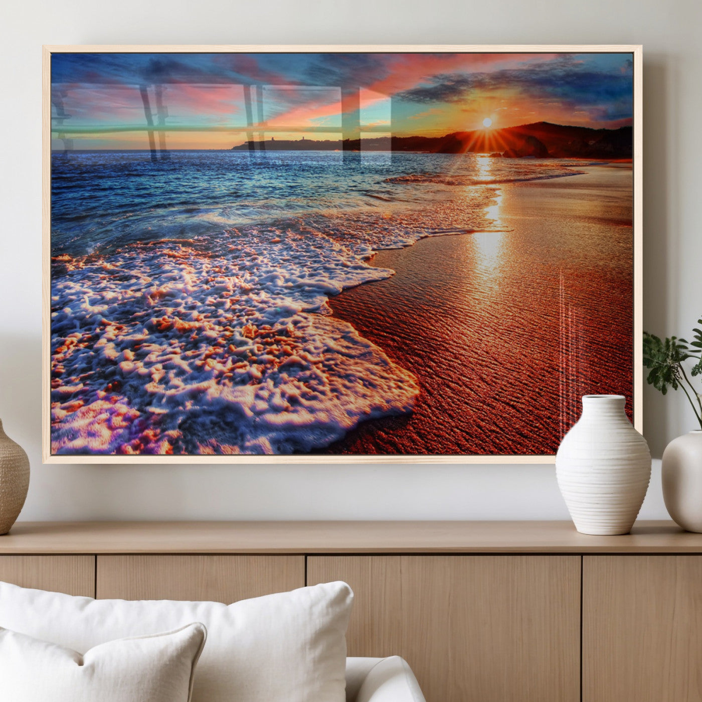MGV-FP-36X24-3P - Colorful Coastal Sunset on the Beach Canvas Print, Ocean Waves Crashing at Dusk, Multi-Panel