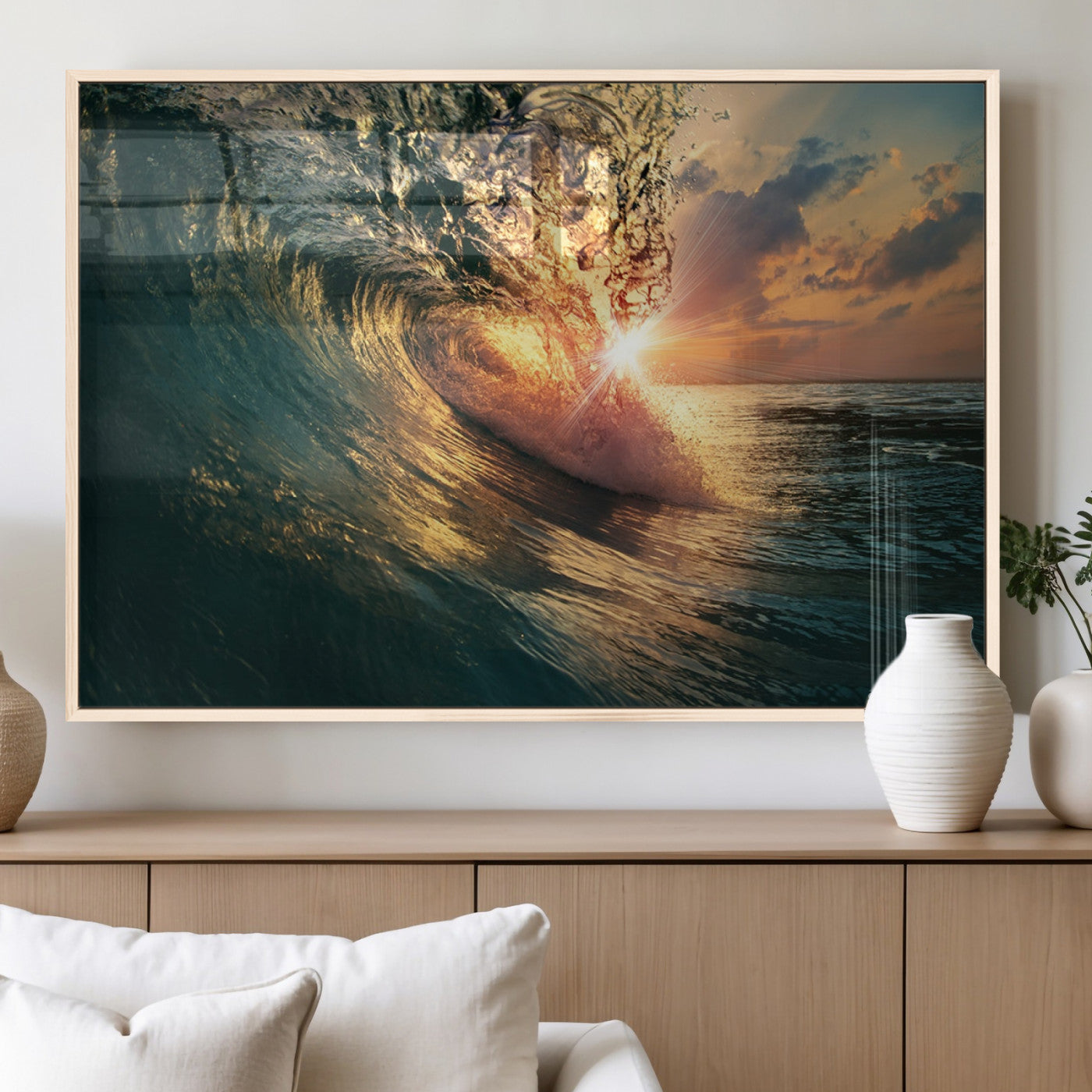 MGV-FP-36X24-3P - Ocean Wave Sunset Canvas Wall Art – Triptych Seascape Print – Framed and Ready to Hang for Living
