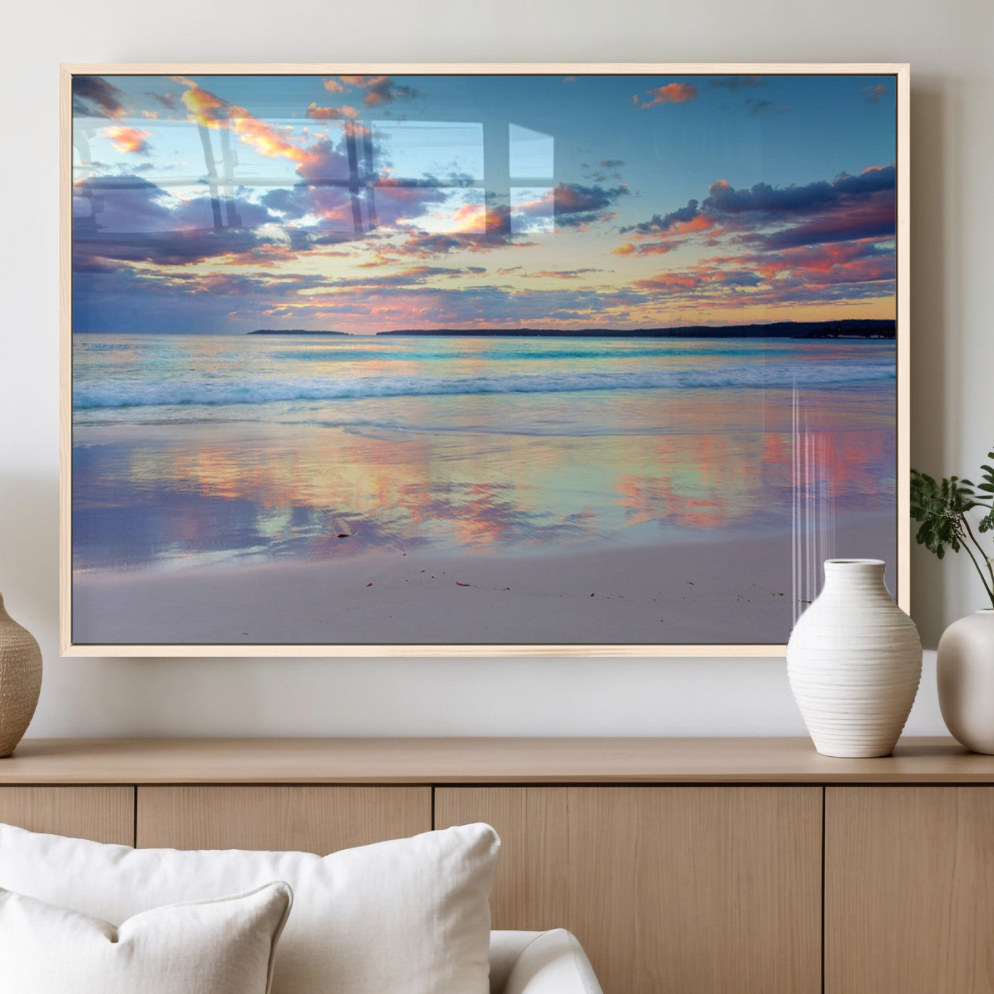 MGV-FP-36X24-3P - Tranquil Pastel Sunset Beach Triptych Canvas Art, Soothing Coastal Ocean Shoreline Giclee Print,