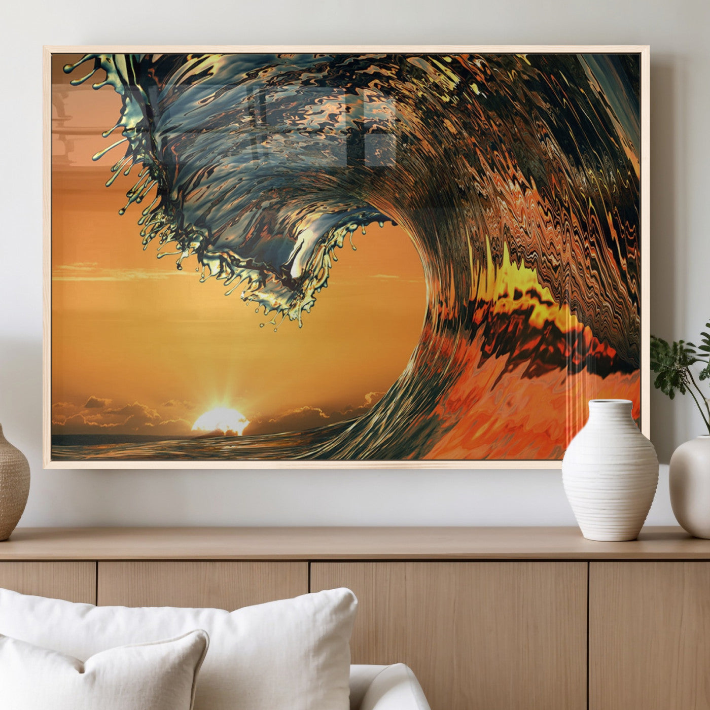 96977-MGV-FP-36X24-3P_Natural-Surf Wave Sunset Canvas Wall Art Print, 3-Panel Ocean Coastal Wall Art Print, Ocean Decor for