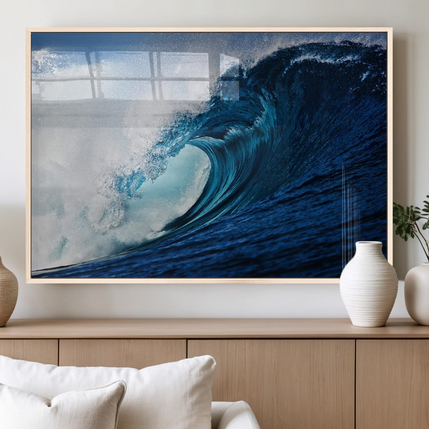 MGV-FP-36X24-3P - Ocean Wave at Sunset Canvas Art, Large Wall Print of Vibrant Water Waves, Coastal Art for Living