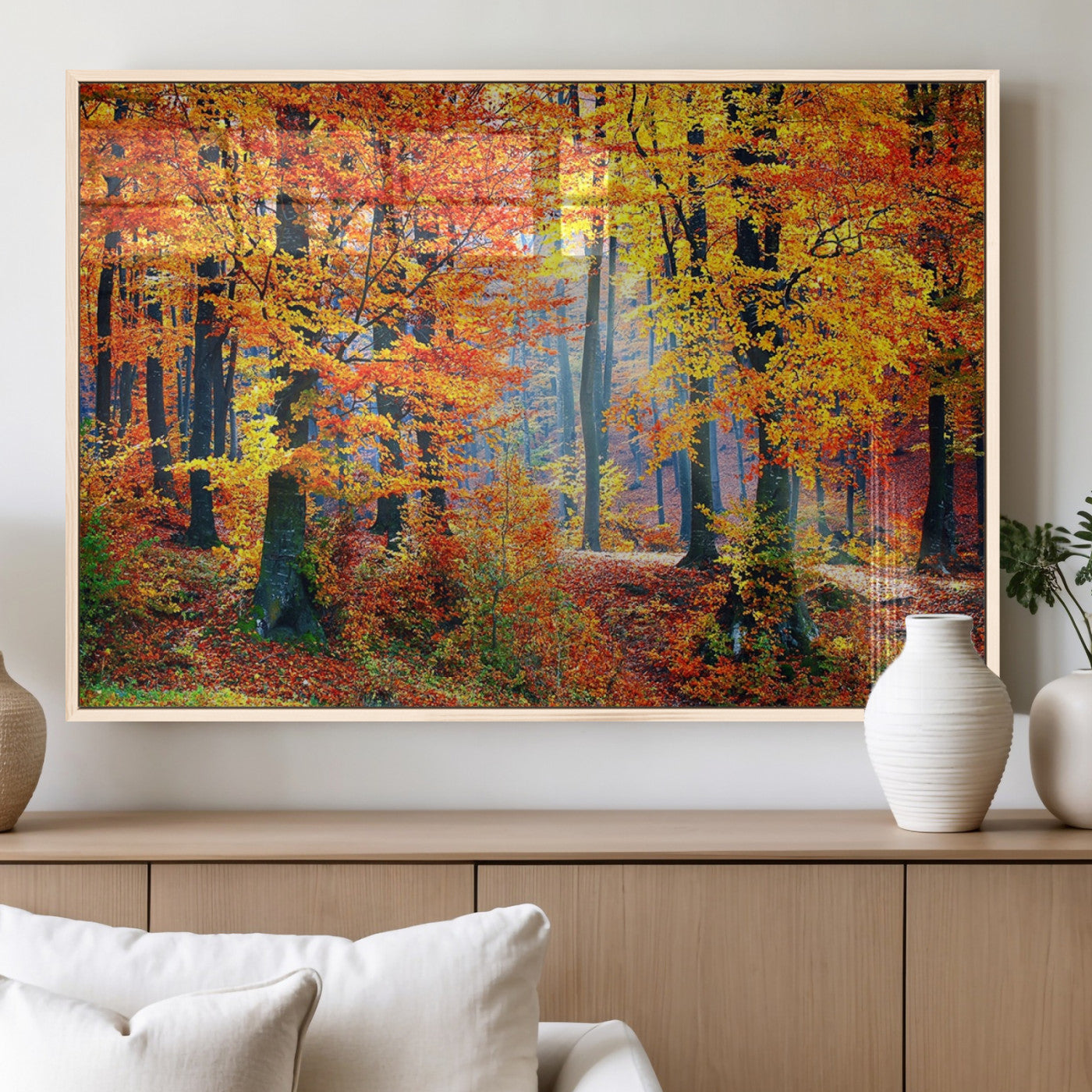 MGV-FP-36X24-3P - Autumn Red Forest Triptych Canvas Wall Art Print, Forest Wall Decor, Fall Landscape Art | Season