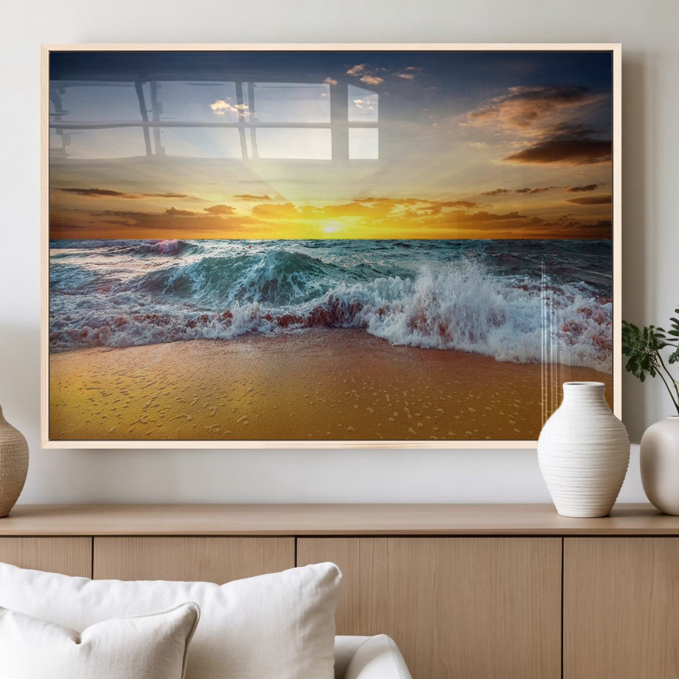 73401-MGV-FP-36X24-3P_Natural-Golden Sunset Ocean Waves Wall Art Canvas Print – Multi Panel Beach Canvas Print Set – Large Coastal