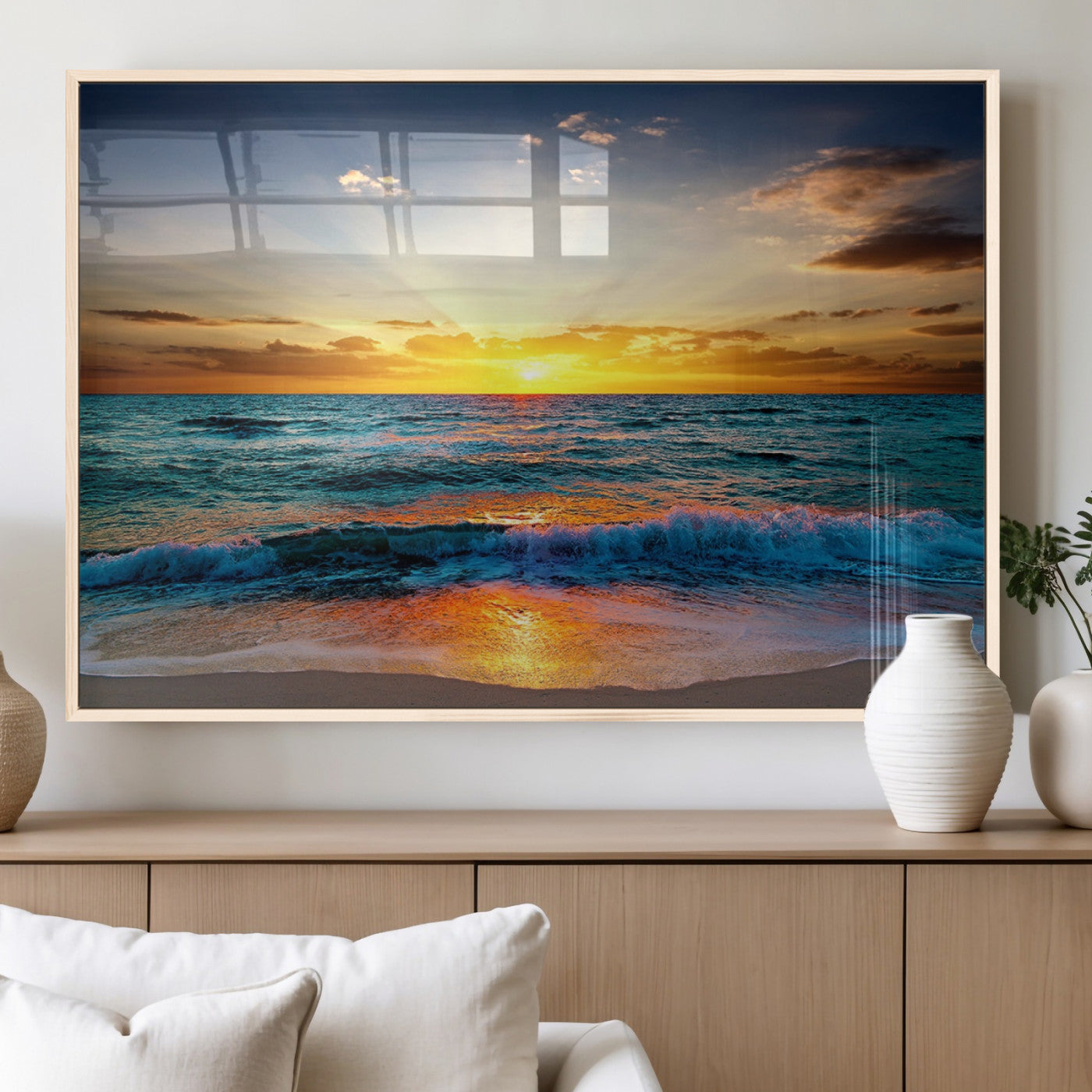 50627-MGV-FP-36X24-3P_Natural-Vibrant Ocean Sunrise Over Golden Beach Waves, Giclee Canvas Wall Art Set, High-Quality Stretched