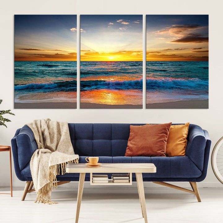 Vibrant Ocean Sunrise Over Golden Beach Waves, Giclee Canvas Wall Art Set, High-Quality Stretched Canvas Print, Ready to Hang Coastal Sunset Wall