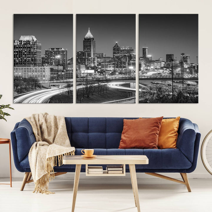 Atlanta City Lights Skyline Art mural noir et blanc Paysage urbain Impression sur toile