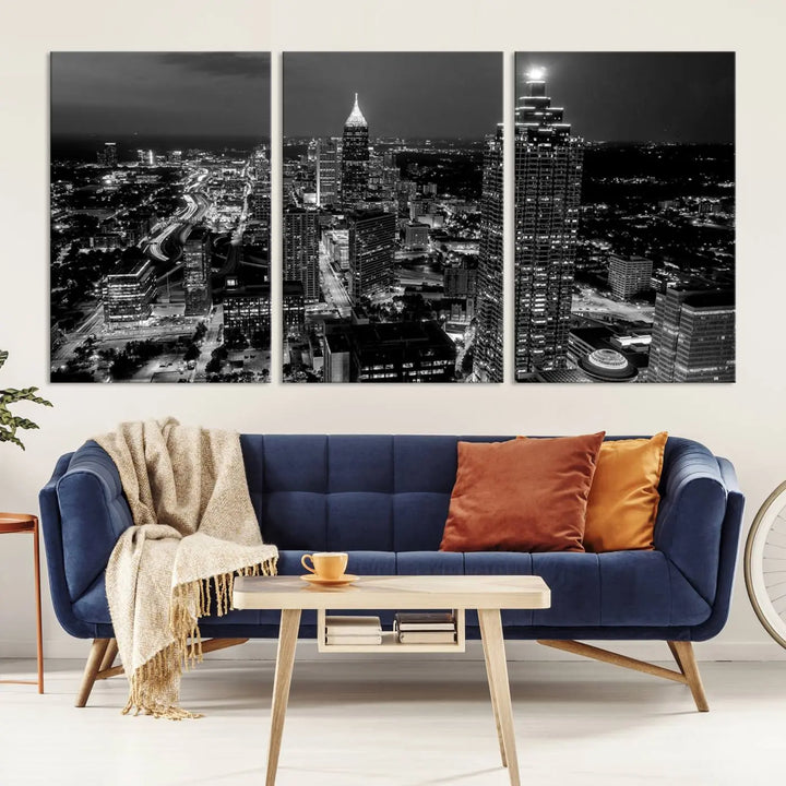 The Atlanta City Lights Skyline Black and White Wall Art Cityscape Canvas Print is elegantly displayed on the wall. These museum-quality canvases arrive ready to hang, making your art display both effortless and sophisticated.