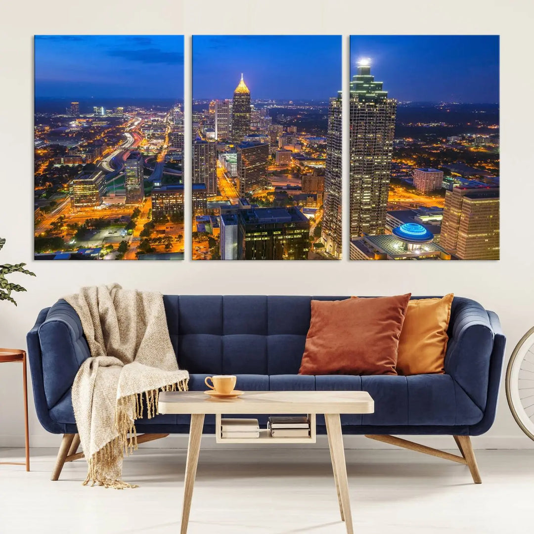 An elegant Atlanta City Blue Skyline Cityscape View Wall Art Canvas Print graces the wall, offering a sophisticated addition to your living space. Enjoy free shipping on this stylish piece.