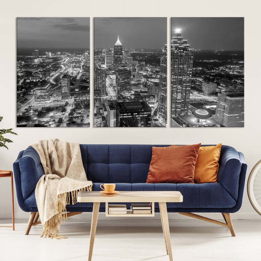 Atlanta City Skyline Art mural noir et blanc Paysage urbain Impression sur toile