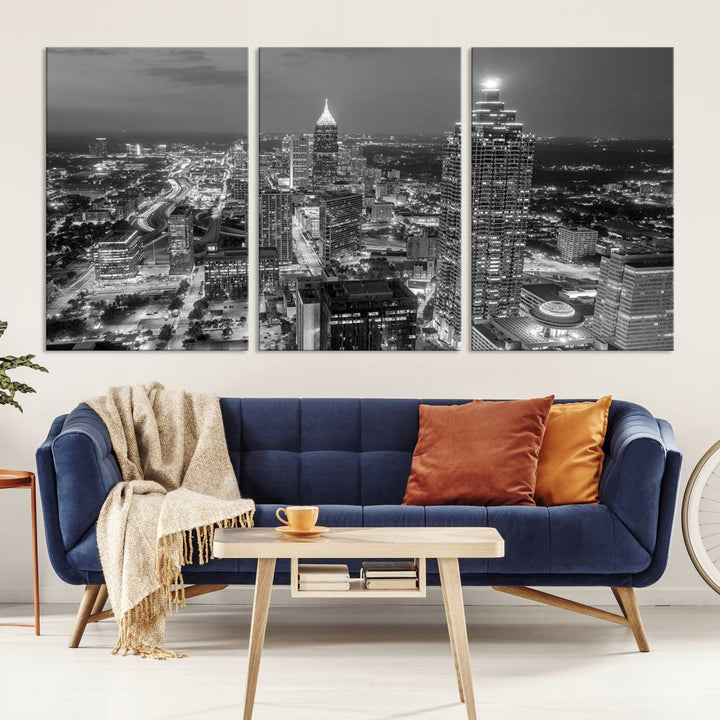 Atlanta City Skyline Art mural noir et blanc Paysage urbain Impression sur toile