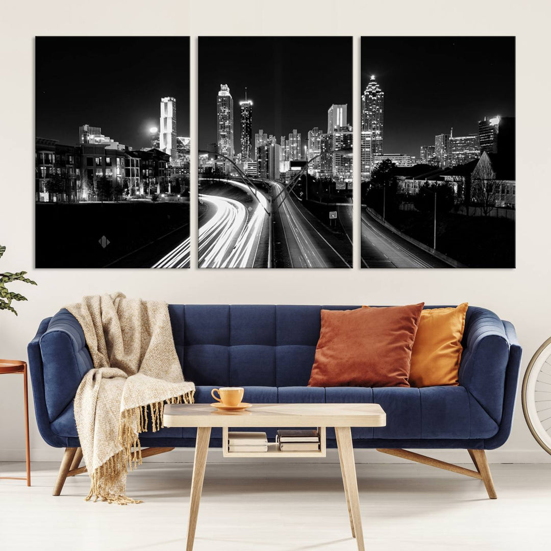 Atlanta City Lights Skyline Art mural noir et blanc Paysage urbain Impression sur toile