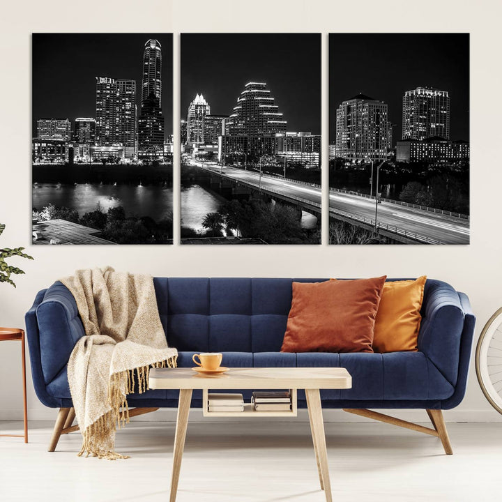 Austin City Lights Skyline Black and White Wall Art Canvas Print