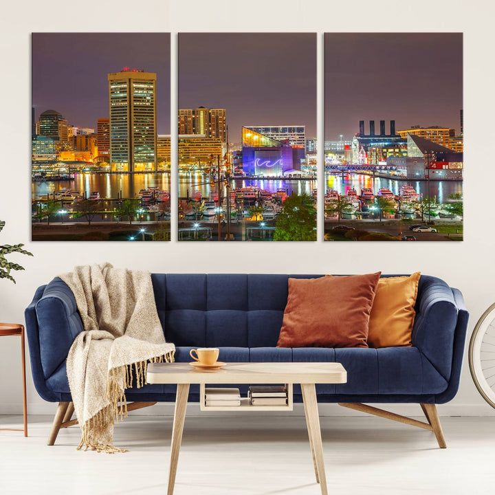 The Baltimore City Lights Night Skyline Cityscape View Wall Art Canvas Print is elegantly displayed on museum-quality canvas.