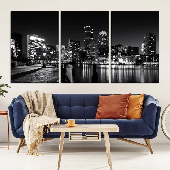 The living room showcases the Boston City Lights Skyline Black and White Wall Art Canvas Print.