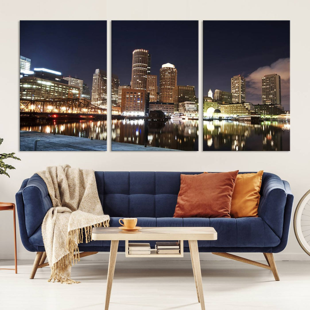 The Boston City Lights Skyline Cityscape View Wall Art Canvas Print showcases a nighttime cityscape on museum-quality canvas.