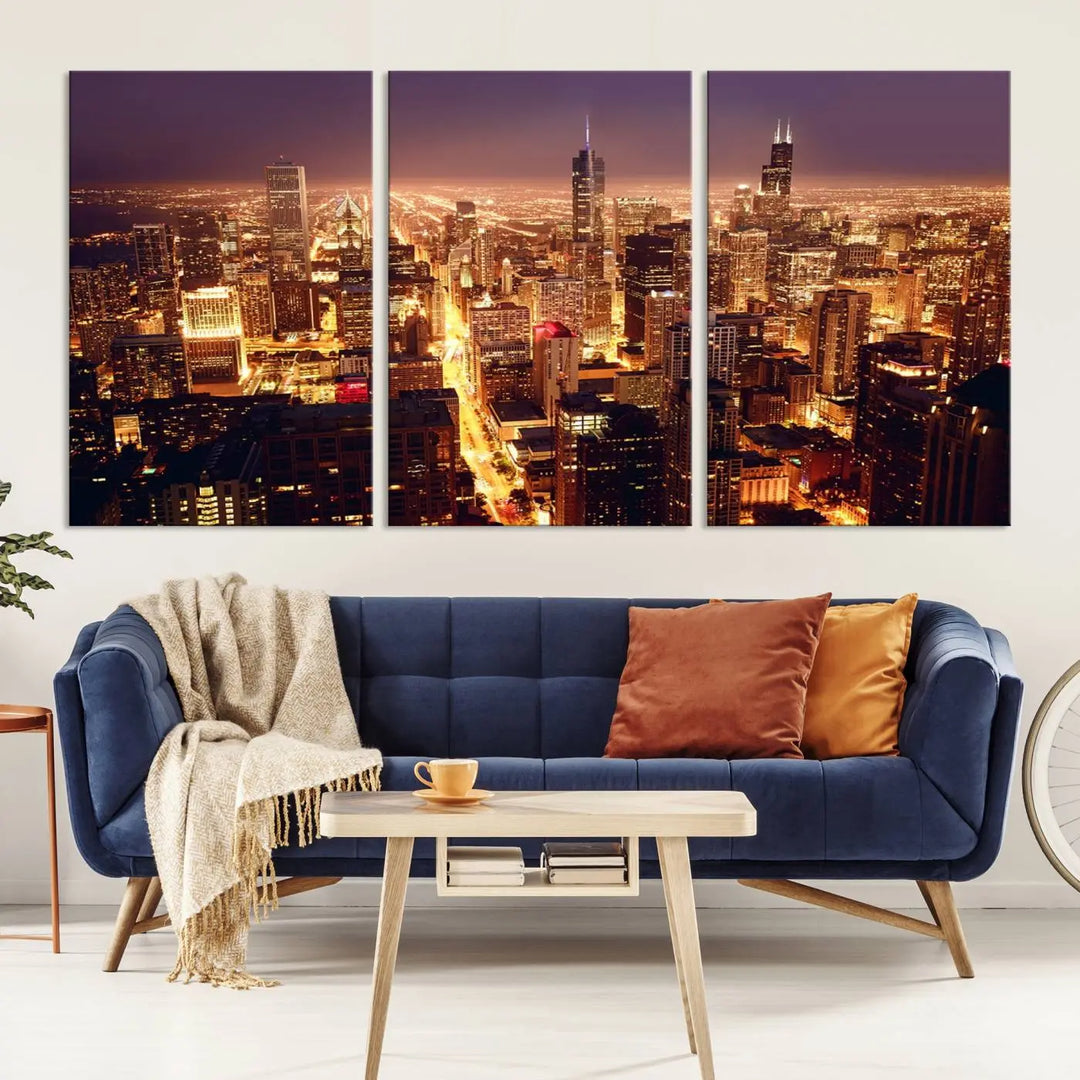 A large artwork showcasing the Chicago Night Skyline cityscape is elegantly displayed on a gallery-wrapped, museum-quality canvas.