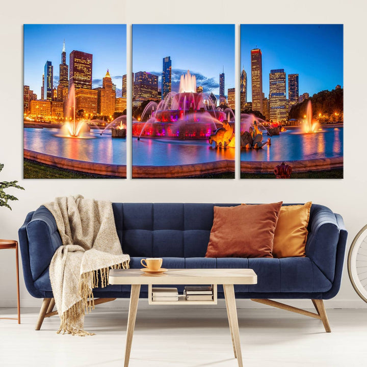 Chicago City Colorful Lights Night Skyline Cityscape View Wall Art Canvas Print