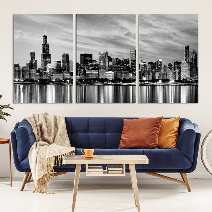 Chicago City Cloudy Skyline Black and White Wall Art Cityscape Canvas Print