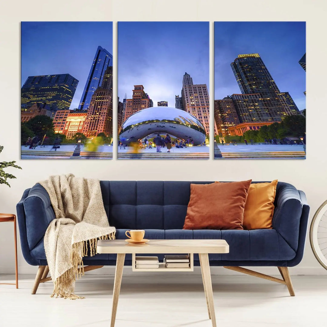 The Chicago Night Skyline Wall Art City Cityscape Canvas Picture Print, featuring the Bean sculpture, beautifully adorns the wall with its captivating depiction of the city's iconic scenery.