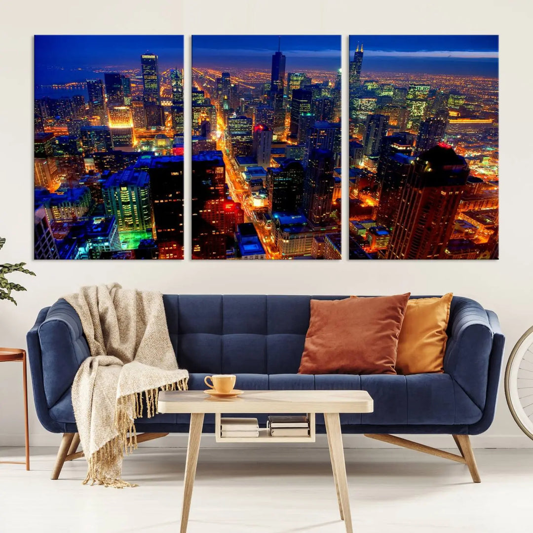 The "Chicago Night Skyline Wall Art" on museum-quality canvas adds long-lasting appeal to the living room.