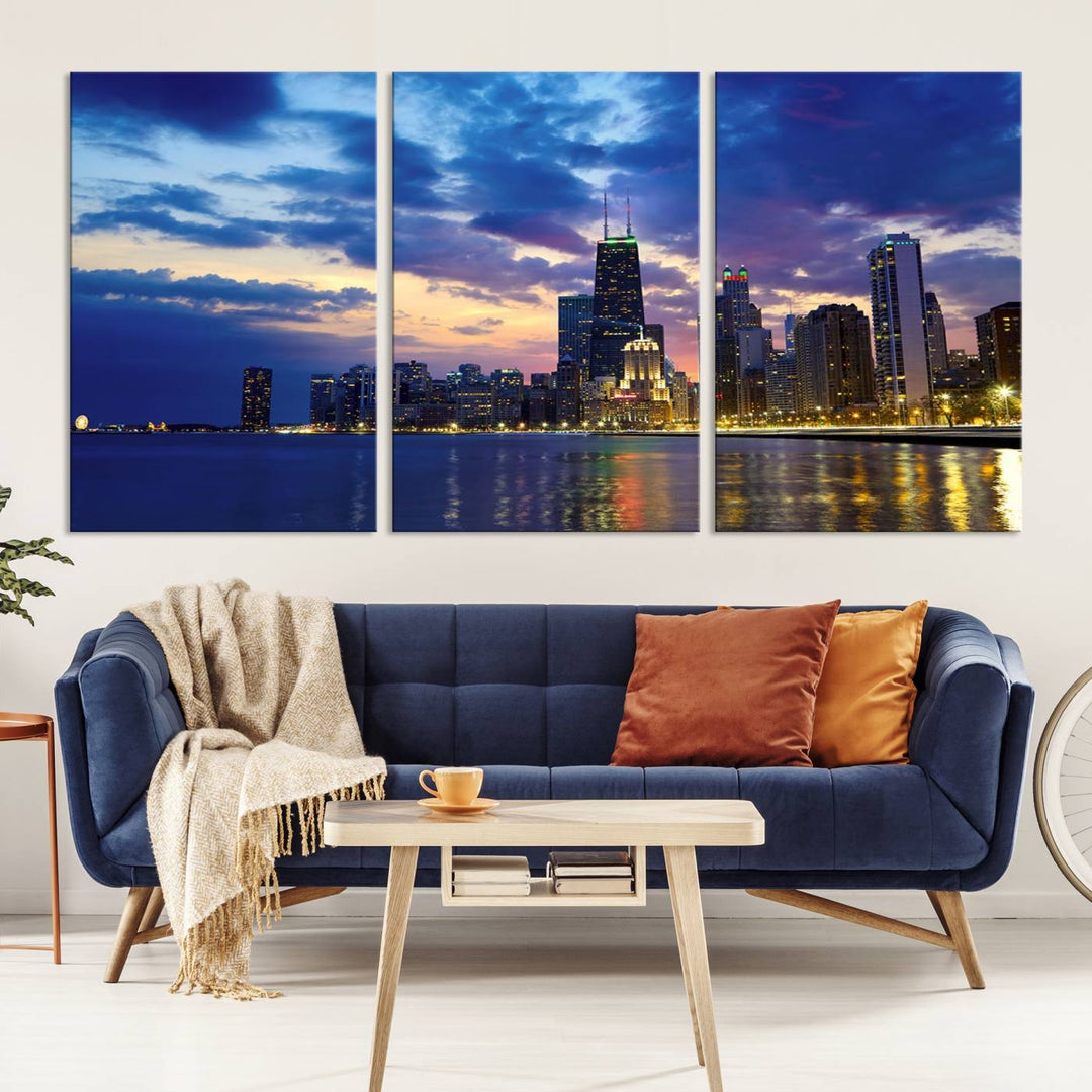 Chicago City Lights Night Cloudy Blue Skyline Cityscape View Wall Art Canvas Print