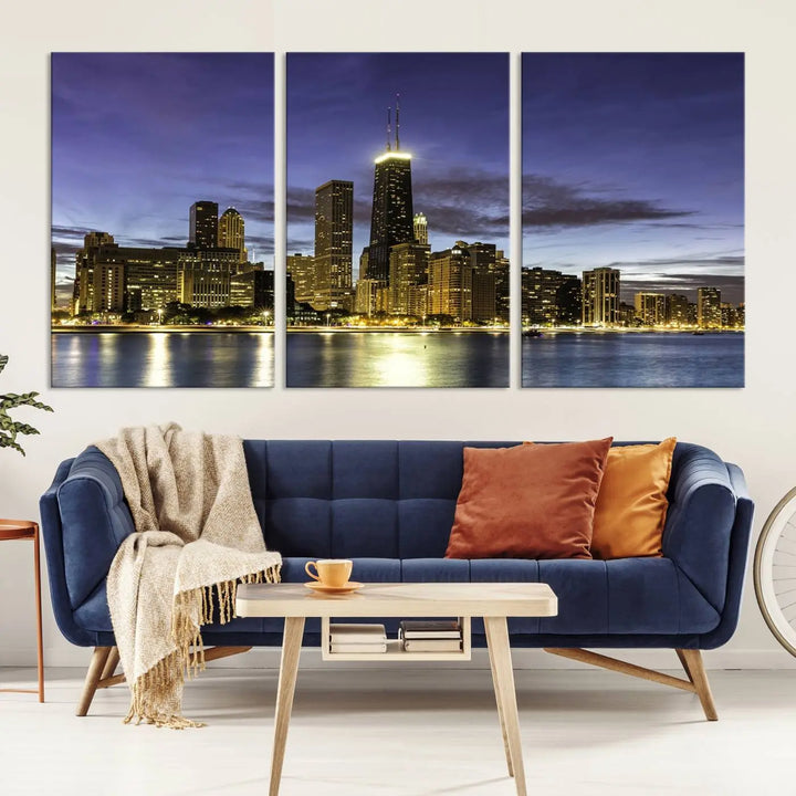 Chicago Night Skyline Cityscape Canvas Picture Print is a stunning three-panel wall art piece, perfect for adding sophistication to any setting. Crafted by professional artisans, this artwork features museum-quality canvases designed to enhance your space. Enjoy free shipping with your purchase.