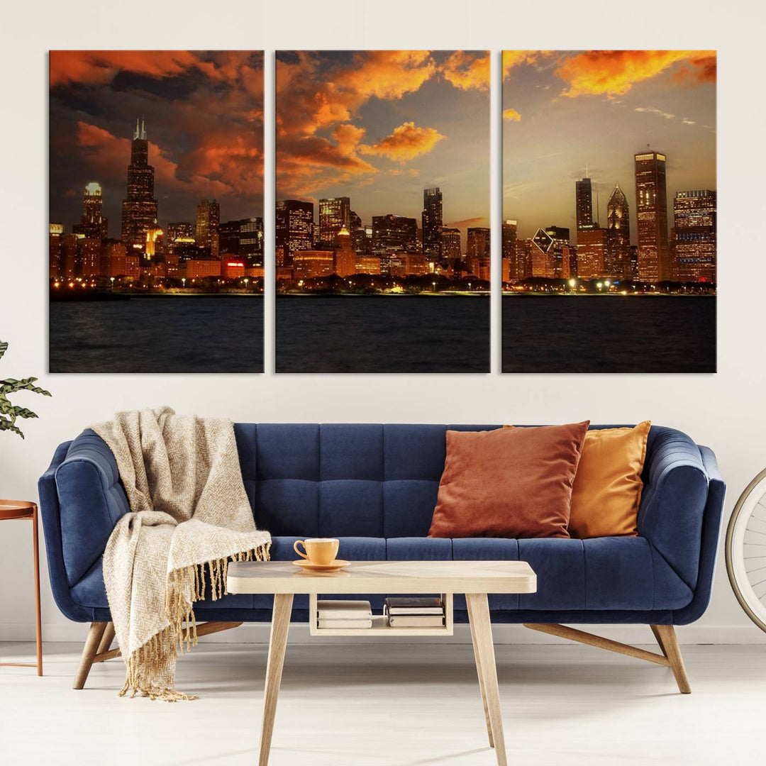 Chicago City Lights Sunset Orange Cloudy Skyline Cityscape View Wall Art Canvas Print