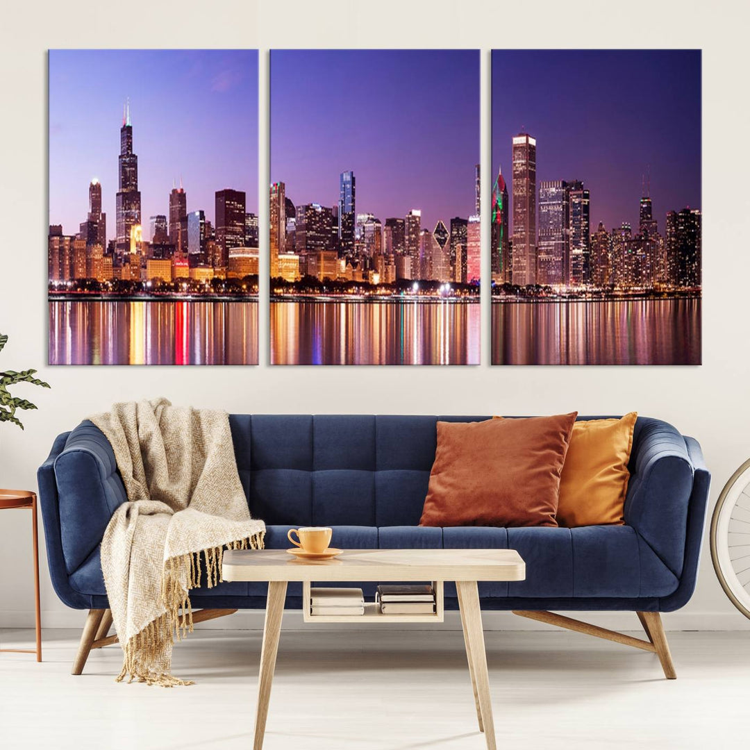 Chicago City Lights Night Purple Skyline Cityscape View Wall Art Canvas Print