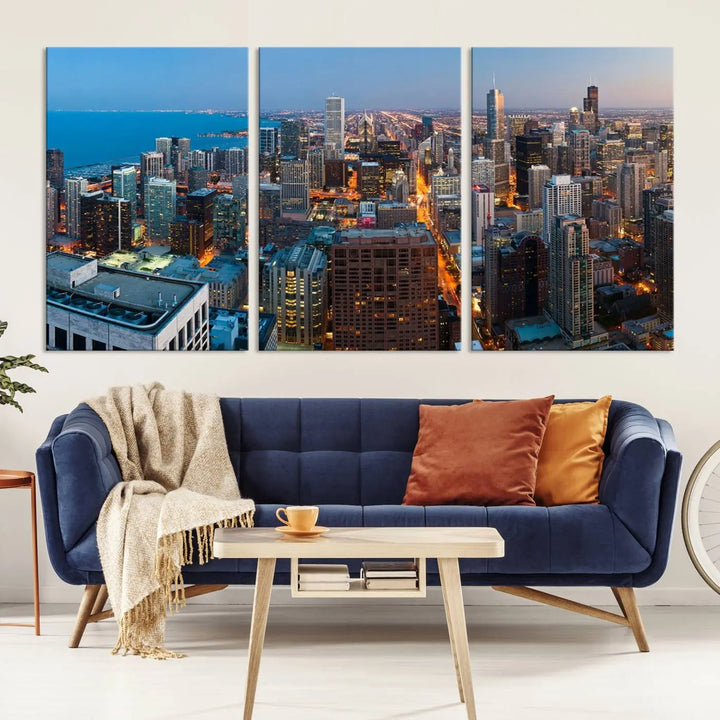 Product Name: Chicago Night Skyline Wall Art City Cityscape

Artwork Description: This artwork is a triptych depicting the Chicago city skyline at night. Created on museum-quality canvas with a UV-protective coating, it comes ready to hang and seamlessly enhances any space.