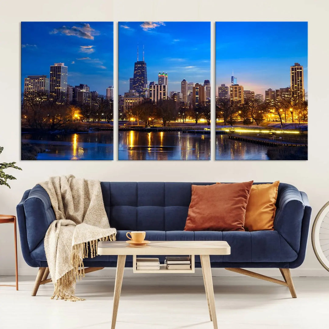 A triptych photo titled "Chicago City Lights Night Blue Skyline Cityscape View Wall Art Canvas Print" is elegantly displayed on gallery-wrapped, museum-quality canvases.