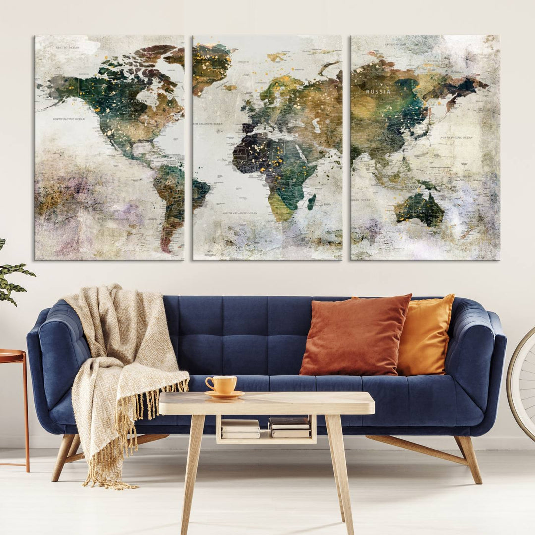 Carte du monde, impression d'art mural, carte sur toile, ensemble mural de 3 panneaux, cadeau, carte de voyage