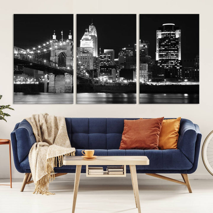 The Cincinnati City Skyline Black and White Wall Art Cityscape Canvas Print is prominently displayed.