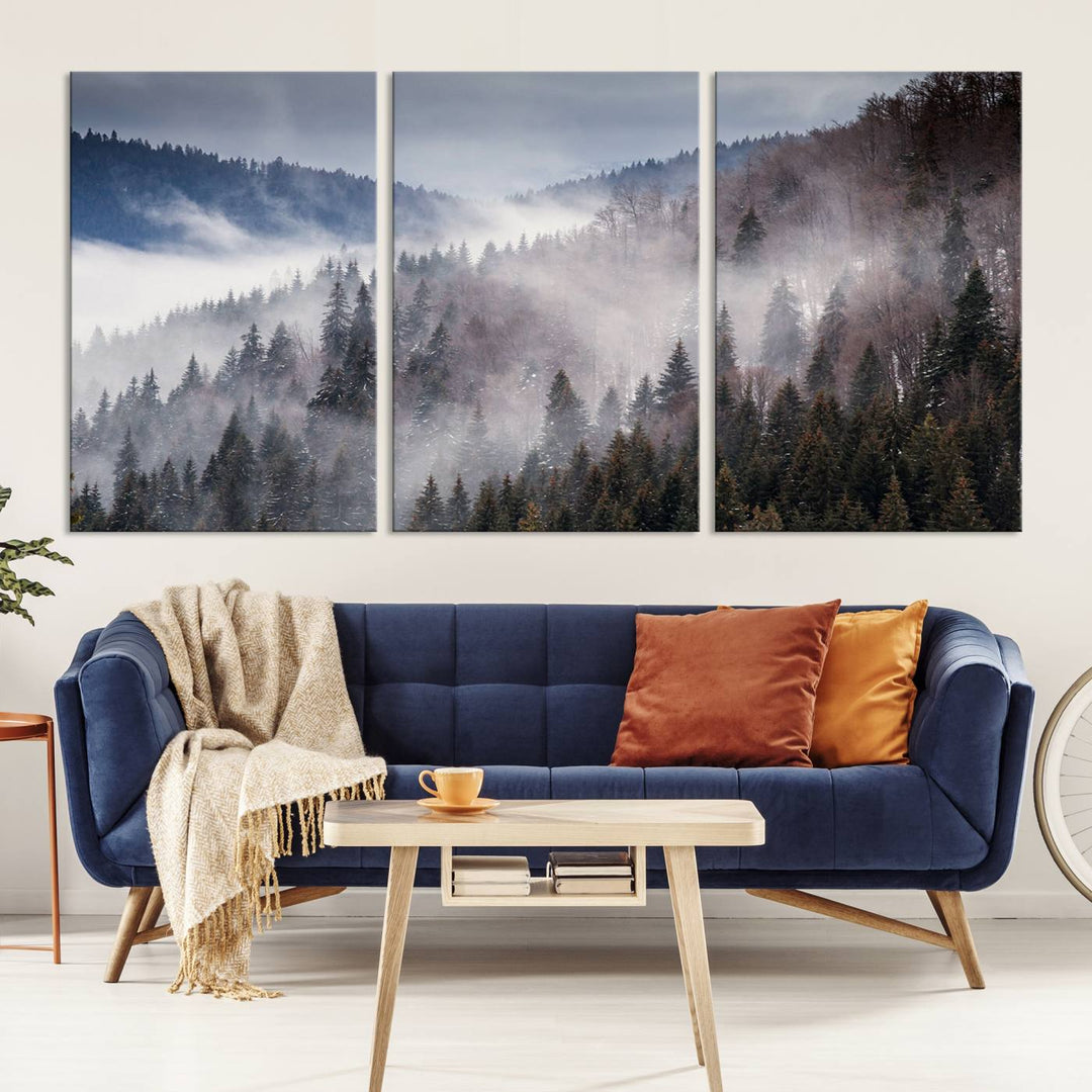 The "Beautiful Rising Fog in Winter Mountain Landscape" wall art is presented on museum-quality canvas, adding a striking visual element to the living room.