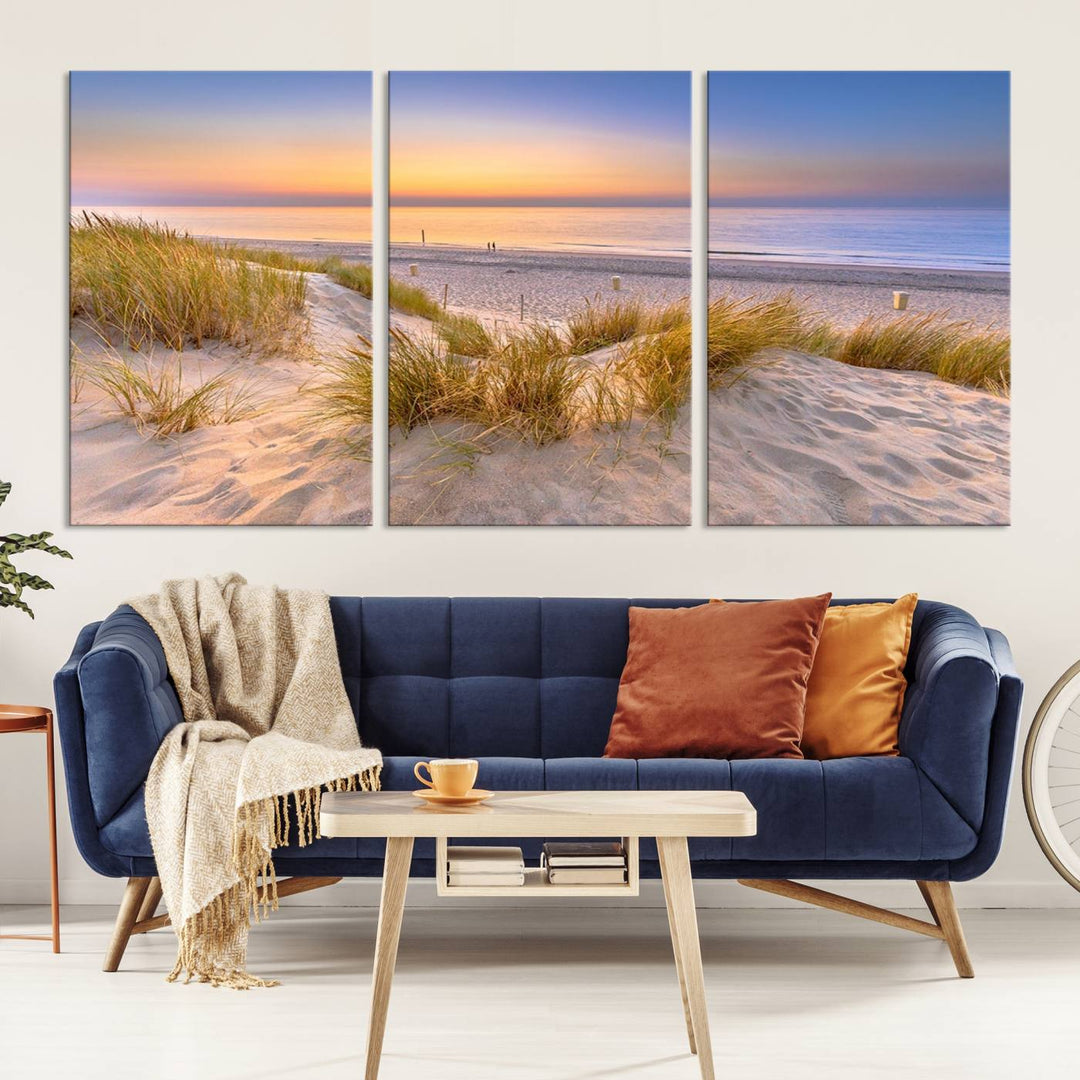 The "Sunset Silence on the Beach" wall art canvas print features a serene beach scene at sunset on museum-quality canvas with a UV-protective coating.