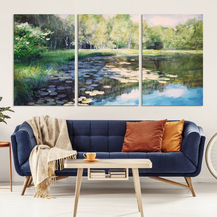 The "Forest Pond River Lake Wall Art Canvas Print" showcases a serene lakeside landscape with trees and water lilies. Crafted on museum-quality canvases and enhanced with UV-protective coating, this piece serves as an elegant addition to any space.