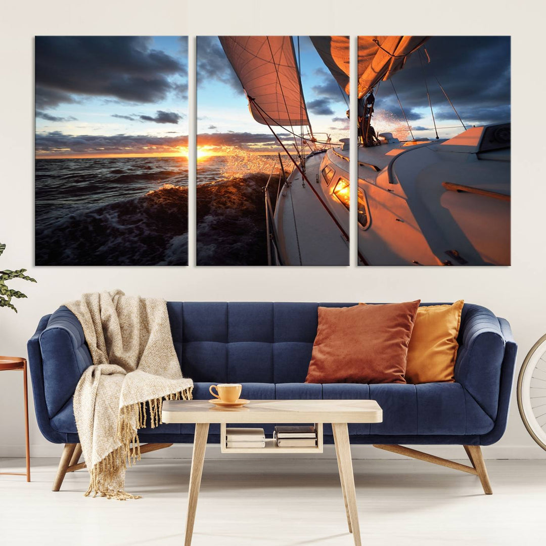 The modern living room is adorned with the Ocean Sunset Sailboat Wall Art, a triptych crafted on museum-quality canvas featuring UV-protective coating for lasting vibrancy.