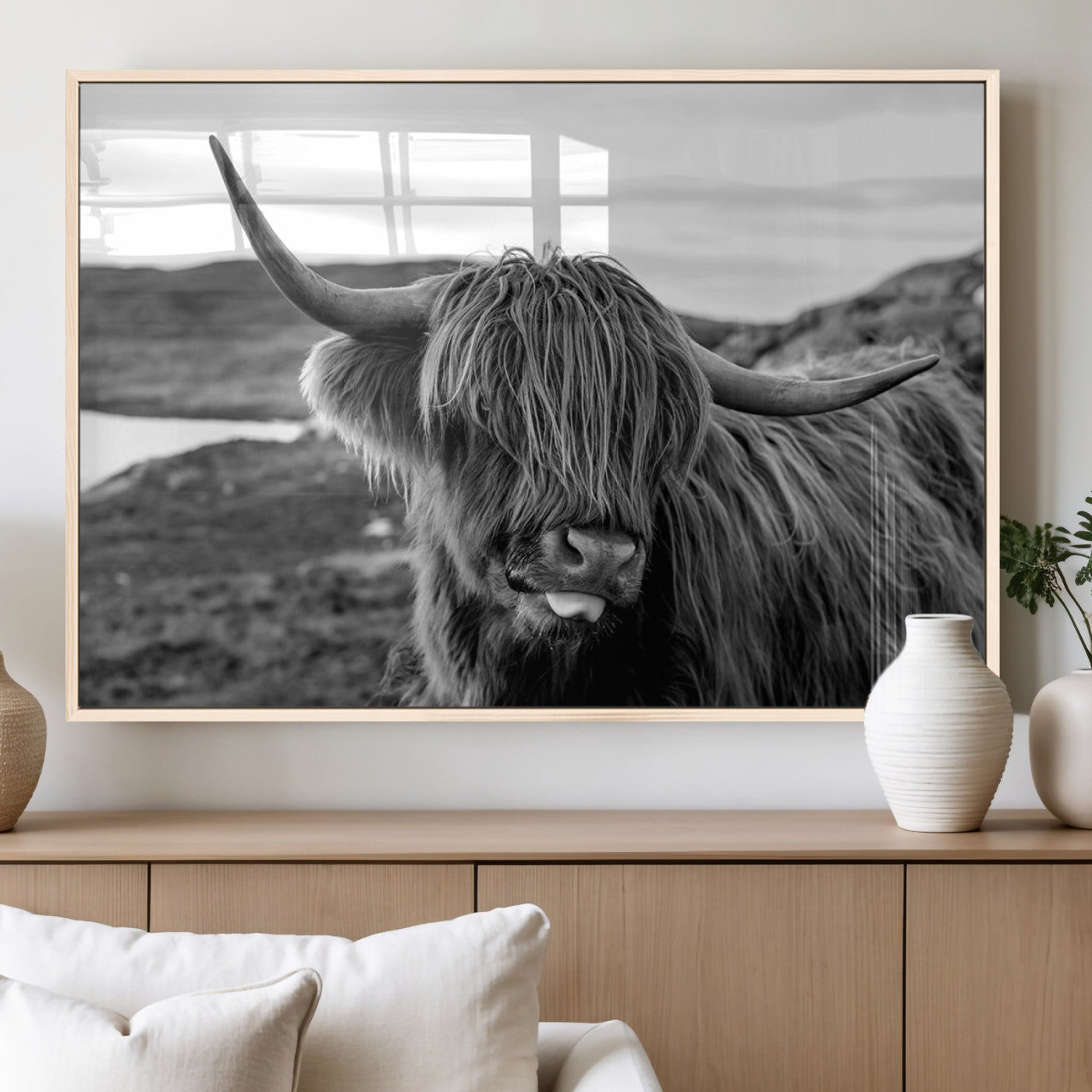 MGV-FP-36X24-3P - Longhorn Steer Canvas Print Wall Art, Highland Cow Canvas Wall Art – Black and White Animal Portrait