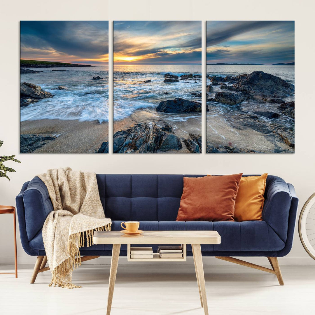 The "Beautiful Stormy Sunset at Bagh Steinigidh Beach Stones" triptych ocean-themed wall art is displayed on museum-quality canvas and features a UV-protective coating.